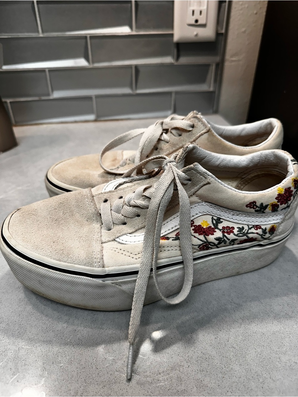 Vans Cream Suede Platform Sneakers with Floral Embroidery